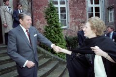 5/2/1985 President greeting Prime Minister Margaret Thatcher for a bilateral meeting at Schloss Gymnich in Bonn Federal Republic of Germany